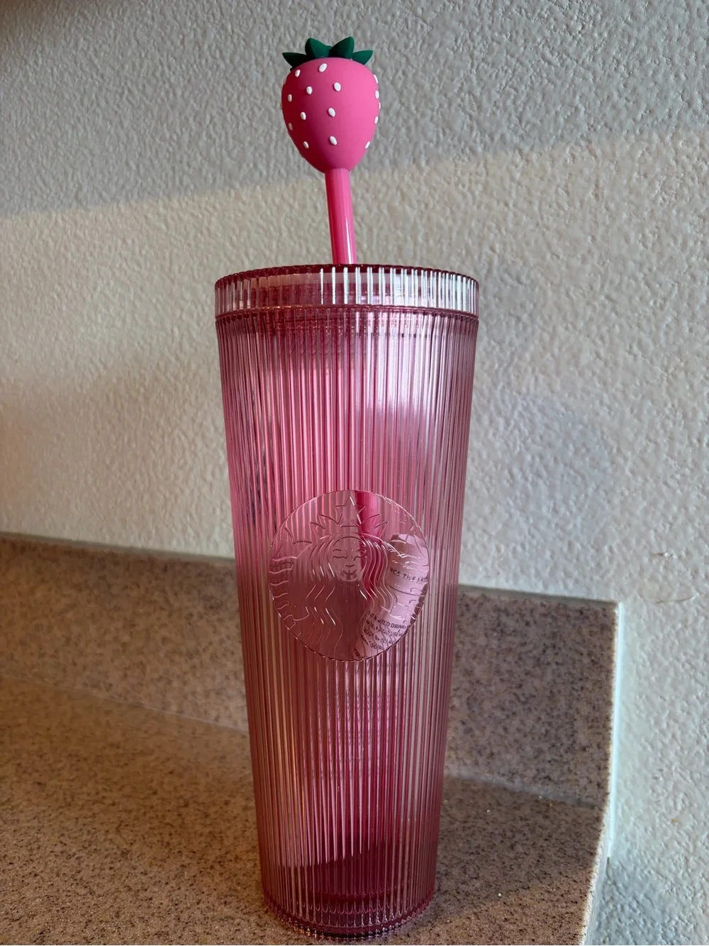 Starbucks Pink Ribbed Tumbler with Strawberry Top Straw